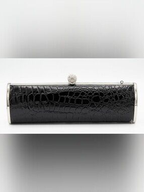 Black Croc-Embossed Evening Clutch with Crystal Ball Closure